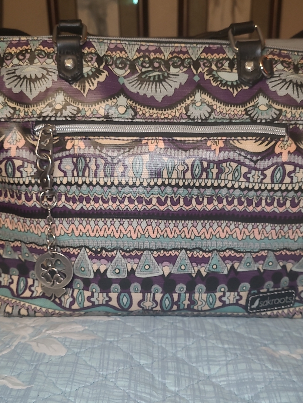 Sakroots Purple Teal Patterned Boho Tote with Charm